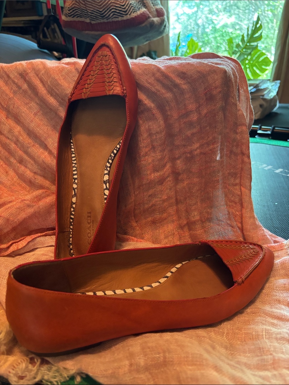 Coach orange Leather Woven-Trim Pointed Flats